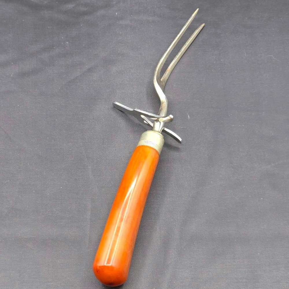 Vintage Marbled Bakelite Carving Fork Butterscotch Catalin Spring Safety Guard